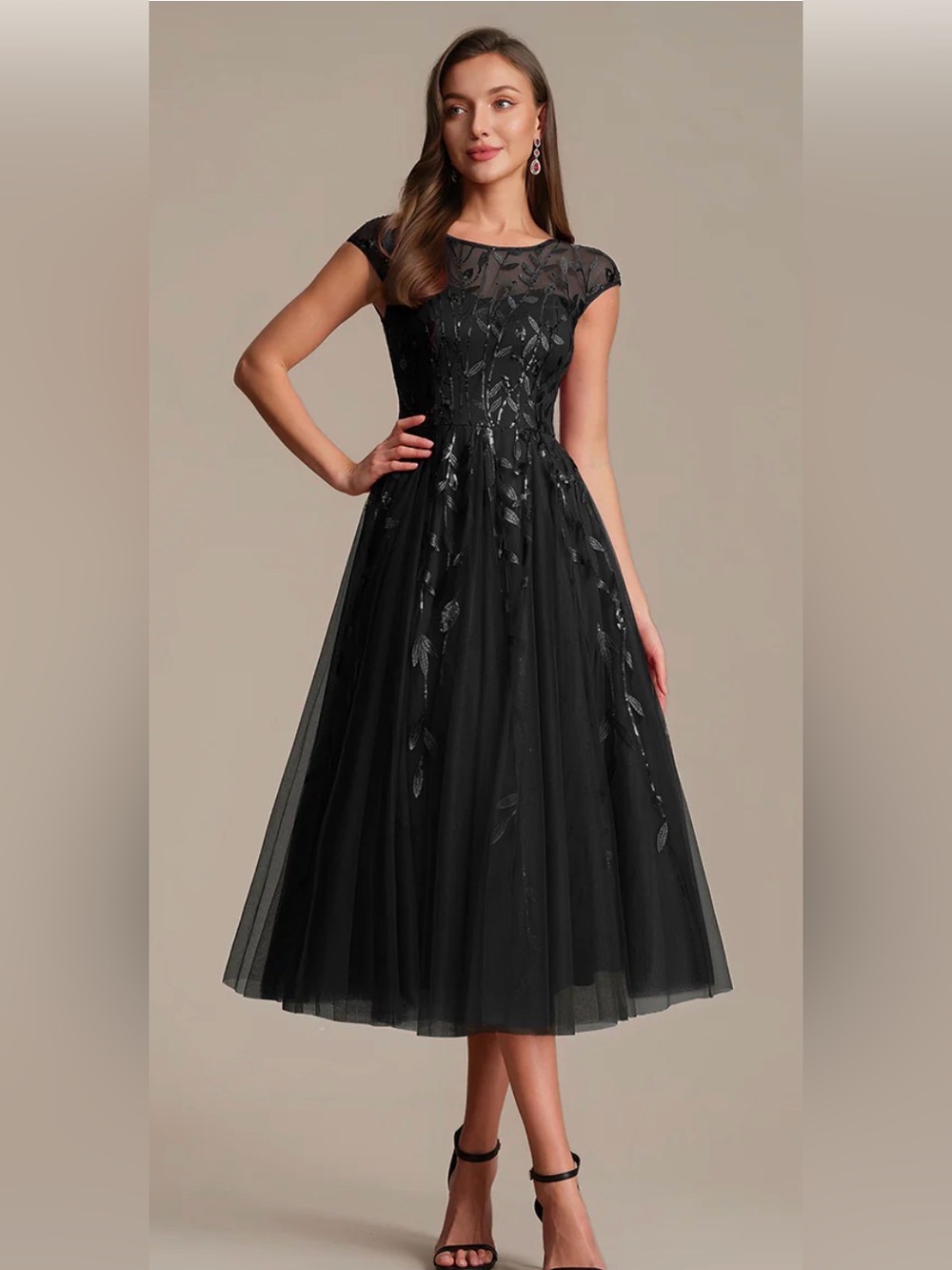 NWT Ever Pretty Black Midi Tulle Dress with Embroidered Motif
